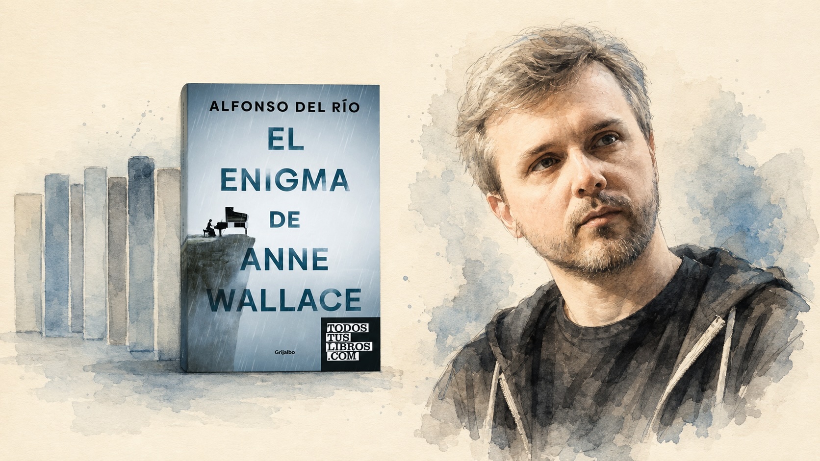 Imagen destacada en acuarela de Juan Gómez-Jurado junto a El enigma de Anne Wallace y otros libros recomendados por el escritor.