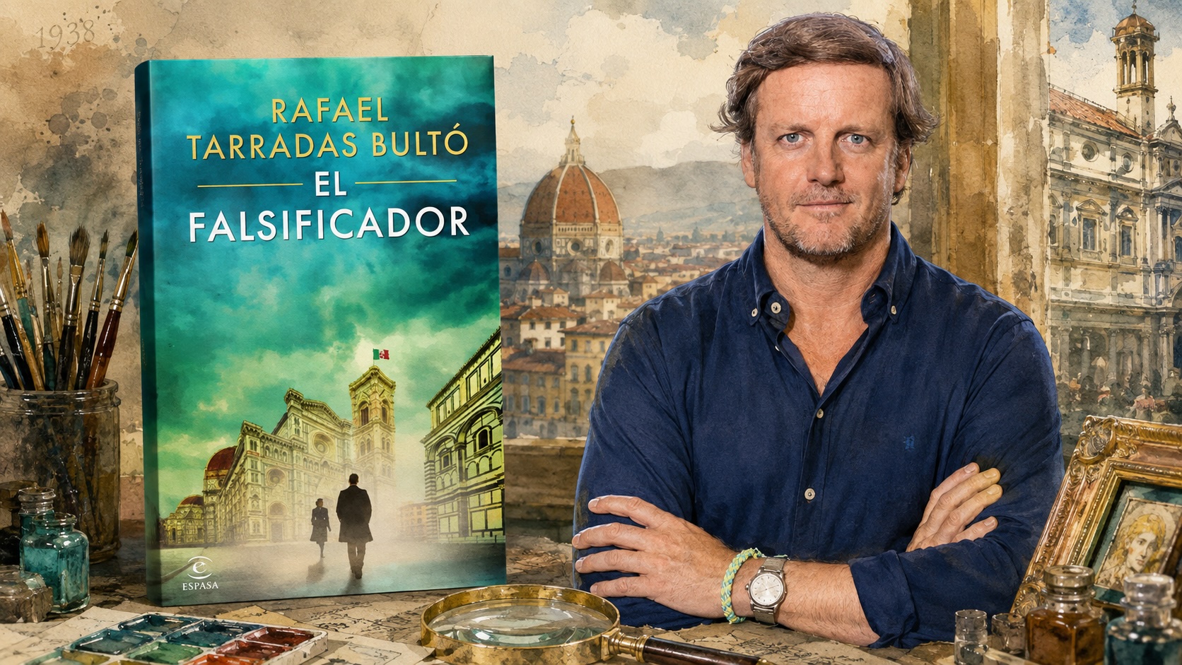 Rafael Tarradas Bultó junto a la portada de El falsificador en una Florencia de 1938 pintada en acuarela
